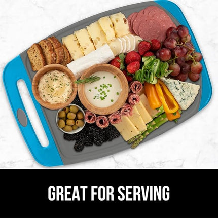 GORILLA GRIP BPA-Free Reversible Kitchen Cutting Board Set of 3, US Designed, Nonporous, Juice Grooves Catch Liquid, Slip Resistant Border, Dishwasher Safe, Durable Food Chopping Boards, Aqua Gray