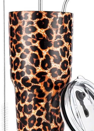 30oz Leopard Tumbler Stainless Steel Insulated Travel Mug with Straw Lid Cleaning Brush (30 oz Leopard), 1 Count (Pack of 1)