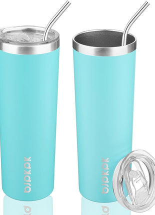 BJPKPK 2 Pack 20oz Skinny Tumblers with Lid Insulated Travel Coffee Cup Stainless Steel Thermal Mug,Turquoise,Turquoise