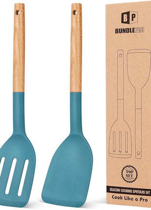 Pack of 2 Silicone Cooking Spatula, Heat Resistant Solid Turner, Non Stick Slotted Spatulas with Wooden Short Handle,Ideal Wood Kitchen Utensils Set for Frying, Baking, Flipping, Turning