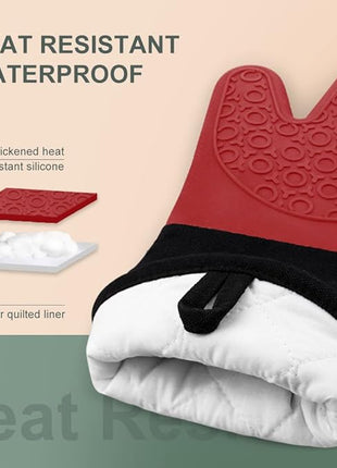sungwoo Extra Long Silicone Oven Mitts, Heat Resistant Oven Gloves with Quilted Liner Non-Slip Textured Grip Perfect for BBQ, Baking, Cooking and Grilling - 1 Pair 14.6 Inch Red & Black