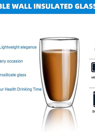 CNGLASS Double Wall Thermo Glass Cup 13.5 oz,Insulated Glass Coffee Set of 2