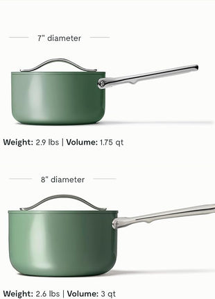 Caraway Nonstick Ceramic Sauce Pans with Lids (3 qt & 1.75 qt) - Non Toxic, PTFE & PFOA Free - Oven Safe & Compatible with All Stovetops (Gas, Electric & Induction) - Sage
