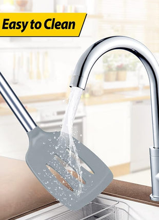 Pack of 2 Silicone Solid Turner, Non Stick Slotted Kitchen Spatulas, High Heat Resistant BPA Free Cooking Utensils, Ideal Cookware for Fish, Eggs, Pancakes(Gray)