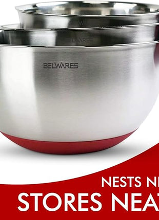 Belwares Mixing Bowls with Lids Set - 3-Piece Stainless Steel Nesting Bowls with Graters, Handles, and Airtight Lids - Non-Slip Mixing Bowls for Cooking, Baking, Prepping, and Food Storage (Red)