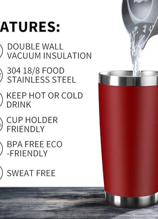 20oz Tumbler Bulk Stainless Steel Vacuum Insulated Tumblers with Lid Double Wall Travel Mug, Durable Powder Coated Coffee Cup, Suitable for Ice Drinks and Hot Beverage (Red 6pack)
