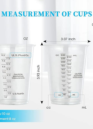 200 PACK Plastic Measuring Cups, 8 oz Disposable Mixing Cups with 100 Wooden Mixing Sticks, Can Be Used for Epoxy Resin, Liquid Measuring, Paint, Cooking and Baking