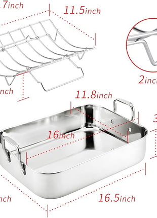 JY COOKMENT Roasting Pan with Baking Rack, 16.5 Inch Stainless Steel Turkey Roaster with Rack, Baster. Great for Turkey, Chicken, Ham, Vegetables