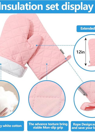 Oven Mitts and Pot Holders 4 pcs Set,High Heat Resistant 500 Degree Extra Thicken Long Kitchen Cotton Oven Glove for Cooking (12 Inch,Pink)…