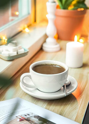 LE TAUCI 8 oz Cappuccino Cups with Saucers, Heavyweight Ceramic Large Coffee Cup for Au Lait, Double shot, Latte, Cafe Mocha, Tea - Dishwasher Safe, Set of 4, White