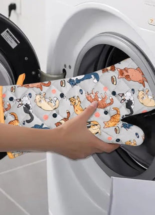 Oven Mitts Cotton Fashion Cute Cat Design 1pair Heat Resistant Oven Gloves Safe Cooking Baking Grilling Barbecue Machine Washable Pot Holders (Cat)