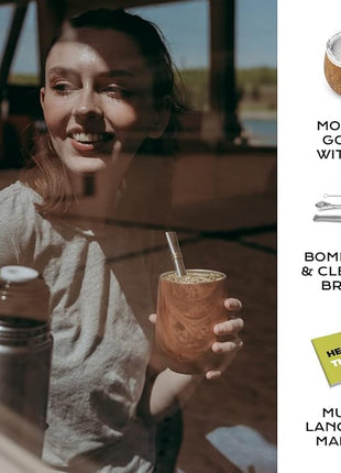 BALIBETOV 5 pcs large Yerba Mate Cup and Bombilla Kit, Includes one 8 oz Yerba Mate Gourd with Lid, Two Bombillas Mate Straw and one cleaning brush (Wood, 8.00)