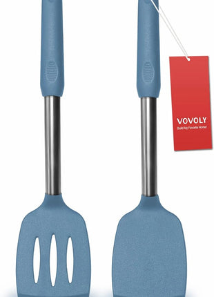 2 Pack Spatulas, Solid & Slotted Silicone Spatula Set, Stainless Steel Handle Coated with Silicone, Non Stick, Heat Resistant Rubber Flipper for Fish, Eggs, Pancakes, WOK, Starry Blue