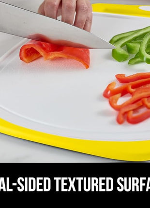GORILLA GRIP BPA-Free Reversible Kitchen Cutting Board Set of 3, US Designed, Nonporous, Juice Grooves Catch Liquid, Slip Resistant Border, Dishwasher Safe, Durable Large Food Chopping Boards, Yellow