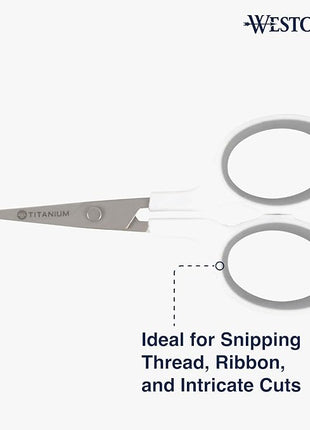 Westcott 4" Embroidery Scissors with Curved Titanium-Bonded Blades for Flush Trimming, Crafting, Sewing & More (White/Gray)