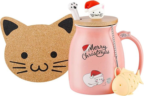 BigNoseDeer Christmas Mugs Kawaii Ceramic Cat Mug Tea Cup Cute Mugs Coffee Mug with Lid Spoon Tea Mug Christmas Gifts for Women 13oz