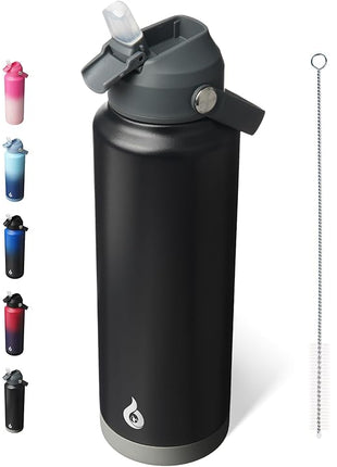 BJPKPK Insulated Water Bottle with Straw Lid, 40oz Large Thermo, BPA Free Leak Proof Stainless Steel Metal Water Bottles, Tumblers, Cups, Flasks for Travel, Sports,Black