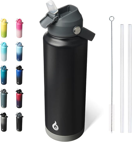 BJPKPK Insulated Water Bottle with Straw Lid, 40oz Large Thermo, BPA Free Leak Proof Stainless Steel Metal Water Bottles, Tumblers, Cups, Flasks for Travel, Sports,Black