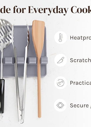 Gray Silicone Spoon Rest for Stove Top with Drip Pad (1 Pack) - Extra Large Heat-Resistant, BPA-Free Utensil Rest for Kitchen Counter - Utensil Holder for Spatulas, Tongs, Ladles and Kitchen Gadgets