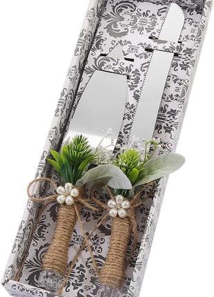 TANG SONG Rustic Style Stainless Steel Wedding Cake Knife and Serving Set Resin Plastic Handle with Artificial Green Leaf shape Design