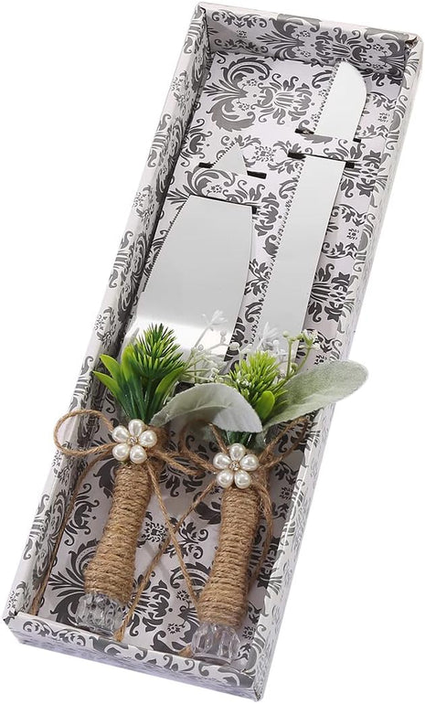 TANG SONG Rustic Style Stainless Steel Wedding Cake Knife and Serving Set Resin Plastic Handle with Artificial Green Leaf shape Design