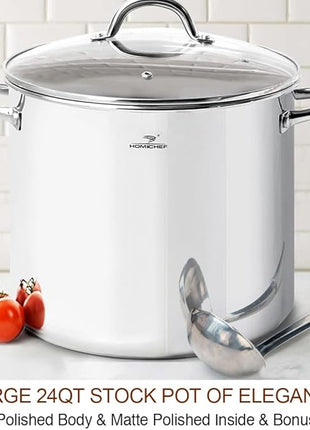 HOMICHEF LARGE STOCK POT 24 Quart With Lid - Nickel Free Stainless Steel Cookware Stockpot 24 Quart - Healthy Cookware Polished Stockpots - Heavy Duty Induction Pot Soup Pot With Lid