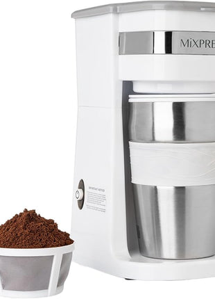 Mixpresso White Personal Single Serve Coffee Maker with 14oz Travel Mug, Drip Small Coffee Maker with Auto Shut Off, Reusable Filter, Works with Ground Coffee Only – Not for K-Cup Pods