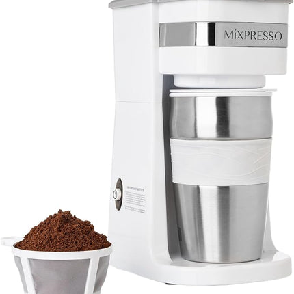 Mixpresso White Personal Single Serve Coffee Maker with 14oz Travel Mug, Drip Small Coffee Maker with Auto Shut Off, Reusable Filter, Works with Ground Coffee Only – Not for K-Cup Pods