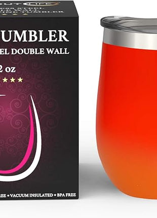 CHILLOUT LIFE 12 oz Stainless Steel Wine Tumbler with Lid - Double Wall Vacuum Insulated Wine Cup Glass Keeping Cold & Hot for Coffee, Champagne, Cocktails, Ice Cream - Red Fire