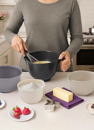 Glad Mixing Bowls with Pour Spout, Set of 4 - Nesting Plastic Bowls (1.2qt, 1.9qt, 2.8qt, and 3qt with Handle) - Non Slip Base, Dishwasher Safe Kitchen Cooking and Baking Supplies, Grey