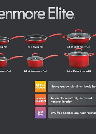 Kenmore Elite Andover Nonstick Platinum Forged Aluminum Cookware Set, 10-Piece, Red Gradient