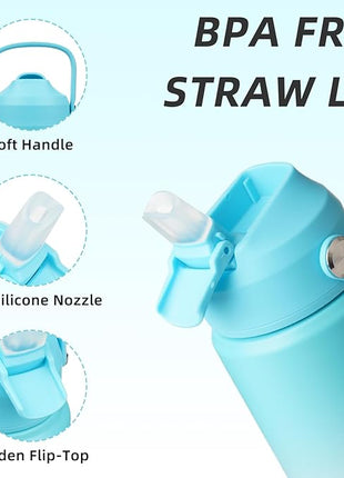 BJPKPK Insulated Water Bottle with Straw Lid, 18oz Thermo Water Bottles with Soft Nozzle, Flex Handle & Non-slip Boot, BPA Free Leak Proof Stainless Steel Metal Thermo, Tumblers, Cups,Sea Salt