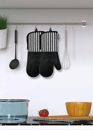 Silicone Oven Mitts Heat Resistant 932℉ with Waterproof & Non-Slip Kitchen Mittens, Set of 2 Extra Long Oven Gloves with Soft Cotton Terry Lining for Baking Cooking Barbecue (2, Black Mitts)