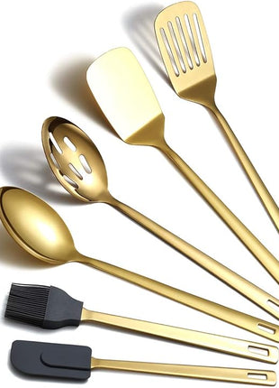 Gold Cooking Spoons, Berglander 6 Pieces Spatula Set Stainless Steel, Metal Spatula, Serving Spoon, Kitchen Tools Set Non-Stick And Heat Resistant, Dishwasher Safe, Easy to Clean (6 Packs)