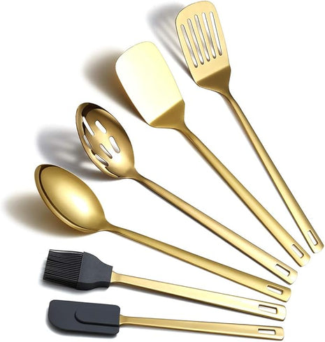 Gold Cooking Spoons, Berglander 6 Pieces Spatula Set Stainless Steel, Metal Spatula, Serving Spoon, Kitchen Tools Set Non-Stick And Heat Resistant, Dishwasher Safe, Easy to Clean (6 Packs)