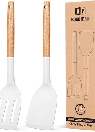 Pack of 2 Silicone Cooking Spatula, Heat Resistant Solid Turner, Non Stick Slotted Spatulas with Wooden Handle,Ideal Wood Kitchen Utensils Set for Frying, Baking, Flipping, Turning (WHITE)