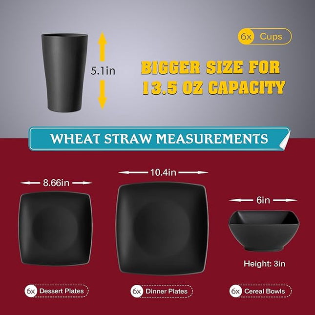 Teivio 24-piece Plastic Wheat Straw Square Dinnerware Set for 6, Unbreakable Dinner Plates, Salad Plates, Snack Bowls, Tumblers 13.5 oz, Dishwasher Safe, Outdoor Kitchen RV Dishes, Black