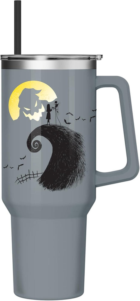 Silver Buffalo Disney Nightmare Before Christmas Featuring Oogie Boogie, Jack Skellington, and Sally Stainless Steel Tumbler with Handle and Straw, Fits in Standard Cup Holder, 40 Ounces