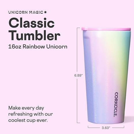 Corkcicle Classic Tumbler - Keeps Drinks Cold for 9 Hours & Hot for 3 - Triple-Insulated Stainless Steel - Holiday Tumbler Gift - 16 oz - Rainbow Unicorn