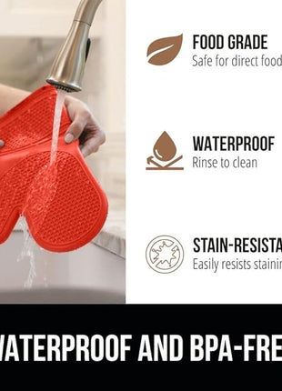 GORILLA GRIP BPA-Free Soft Silicone Oven Mitts, 14.5x8.3, Heat Resistant and Waterproof Cooking Gloves, Thick Cotton Lining, Flexible Gripping for Baking Grilling, Kitchen Potholders Set of 2, Coral