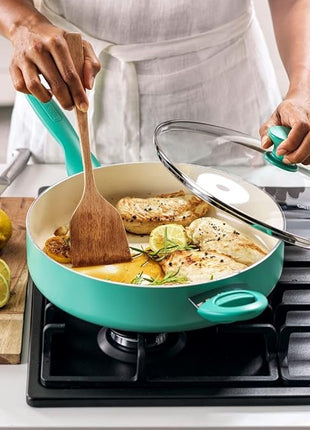 GreenPan Rio Healthy Ceramic Nonstick 5QT Saute Pan Jumbo Cooker with Helper Handle and Lid, PFAS-Free, Dishwasher Safe, Turquoise
