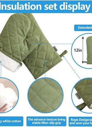 Oven Mitts and Pot Holders 4 pcs Set,High Heat Resistant 500 Degree Extra Thicken Long Kitchen Cotton Oven Glove for Cooking (12 Inch,Green)