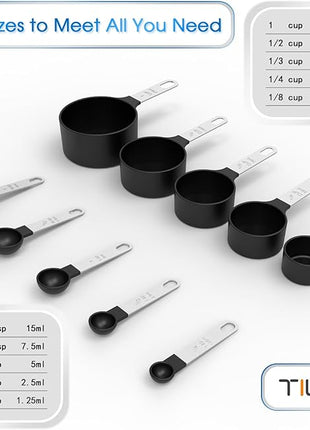 TILUCK Measuring Cups & Spoons Set, Stackable Cups and Spoons, Nesting Measure Cups with Stainless Steel Handle, Kitchen Gadgets for Cooking & Baking (Black)