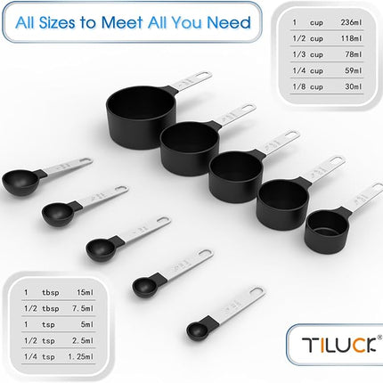 TILUCK Measuring Cups & Spoons Set, Stackable Cups and Spoons, Nesting Measure Cups with Stainless Steel Handle, Kitchen Gadgets for Cooking & Baking (Black)