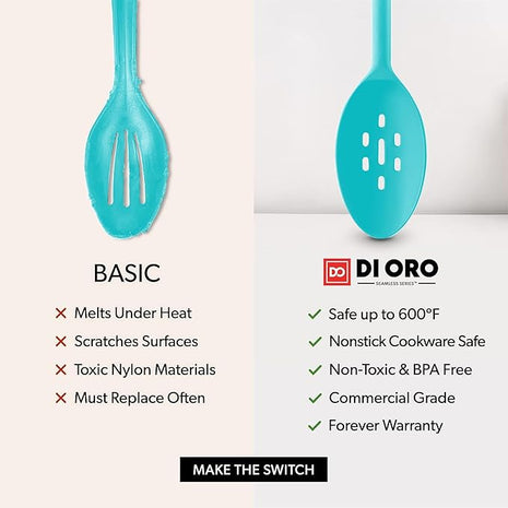 DI ORO Silicone Ladle & Spoons for Cooking – Large Kitchen Spoons for Mixing, Serving, & Stirring - Soup Ladle with Wide Bowl - High Heat Silicone Kitchen Utensils for Nonstick Cookware Safe (Teal)
