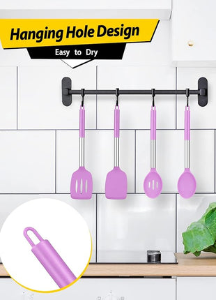 Pack of 4 Silicone Cooking Utensils Set, Non Stick Large Solid Spatulas, Heat Resistant Purple Slotted Spoons, Ideal BPA Free Kitchen Turners for Frying, Mixing,Serving,Draining,Turning,Stirring