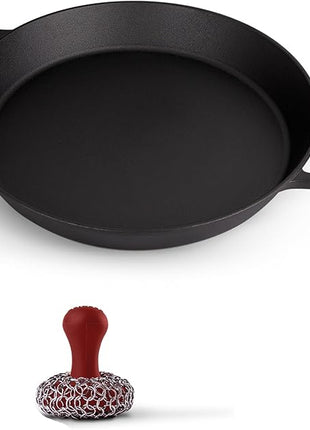 Cuisinel Cast Iron Skillet + Chainmail Scrubber Cleaner - 17"-Inch Dual Handle Braiser Frying Pan + Silicone Handle Covers - Pre-Seasoned Oven, Grill, BBQ, Stovetop, Fire Cookware - Indoor/Outdoor Use