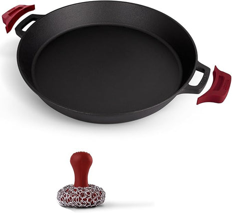 Cuisinel Cast Iron Skillet + Chainmail Scrubber Cleaner - 17"-Inch Dual Handle Braiser Frying Pan + Silicone Handle Covers - Pre-Seasoned Oven, Grill, BBQ, Stovetop, Fire Cookware - Indoor/Outdoor Use