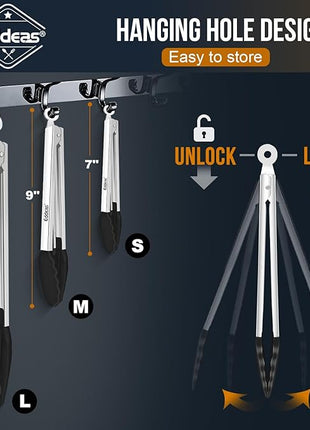 Kitchen Tongs with Silicone Tips, Heat Resistant 600 Degrees All Metal handle Locking Tongs For Cooking with Rubber Tips, Heavy Duty Stainless steel Food Tongs, Set of 3-7" 9" & 12" Black