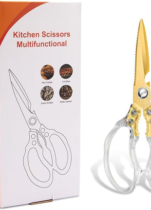 CGBE Kitchen Scissors, Multi-Purpose Kitchen Shears, Heavy Duty Dishwasher Safe Food Scissors for Chicken, Poultry, Fish, Meat & Herbs with Non-Slip Grips - Transparent Gold